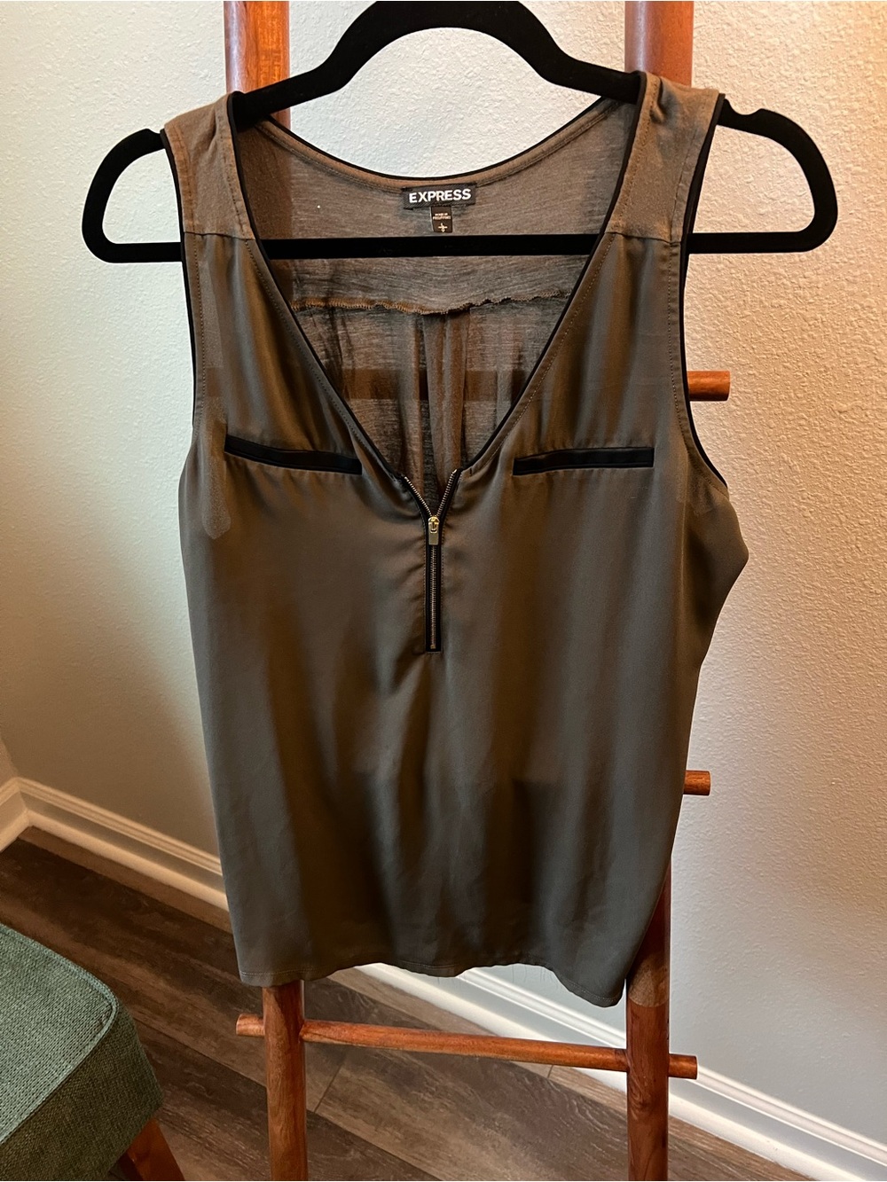 Express Olive Sleeveless V-Neck Zip-Front Blouse